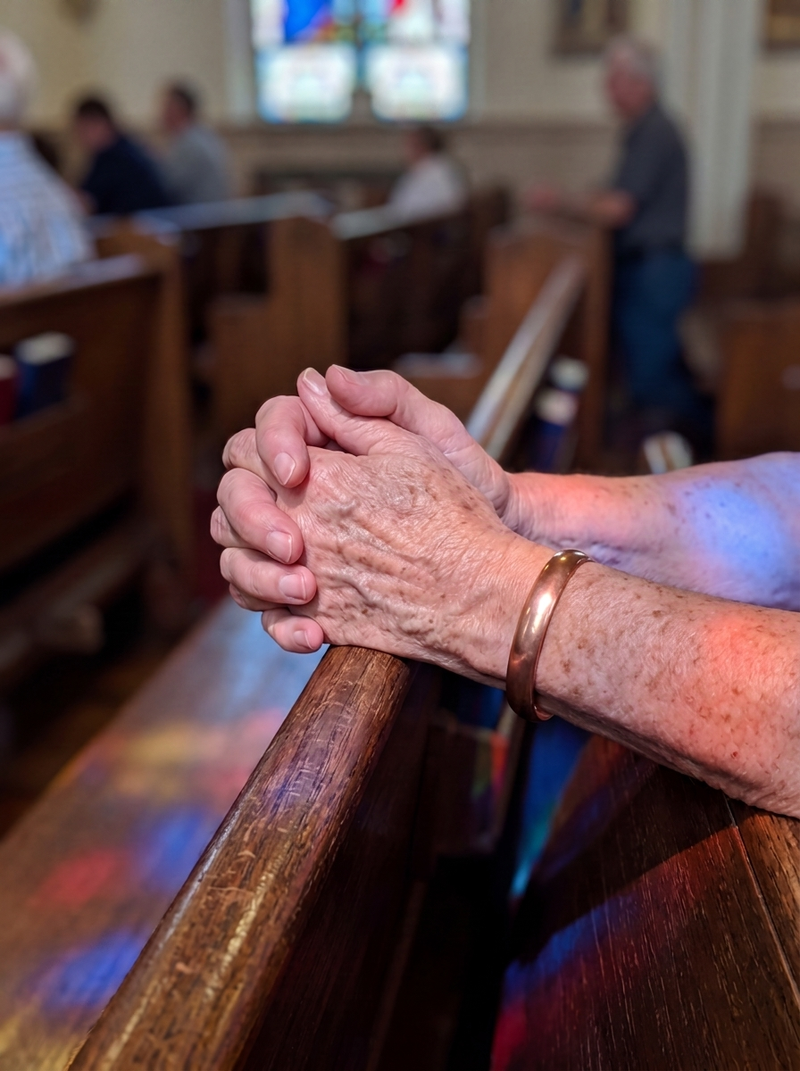 Hands clasped in prayer, copper bracelet visible